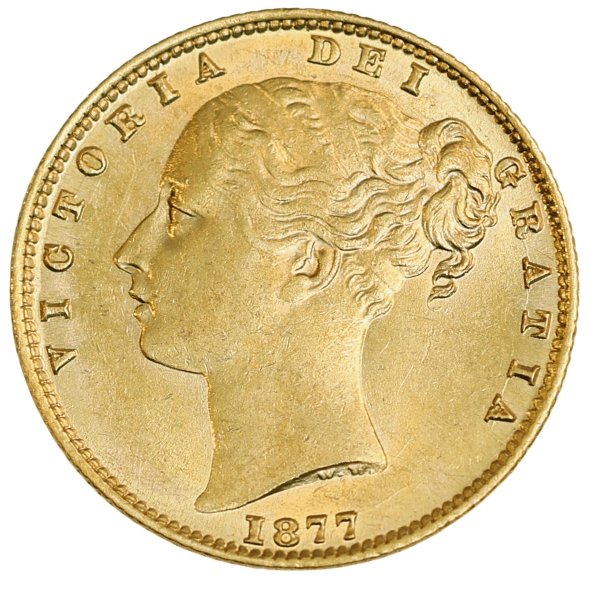 1877S Young Head Shield Sovereign About Uncirculated