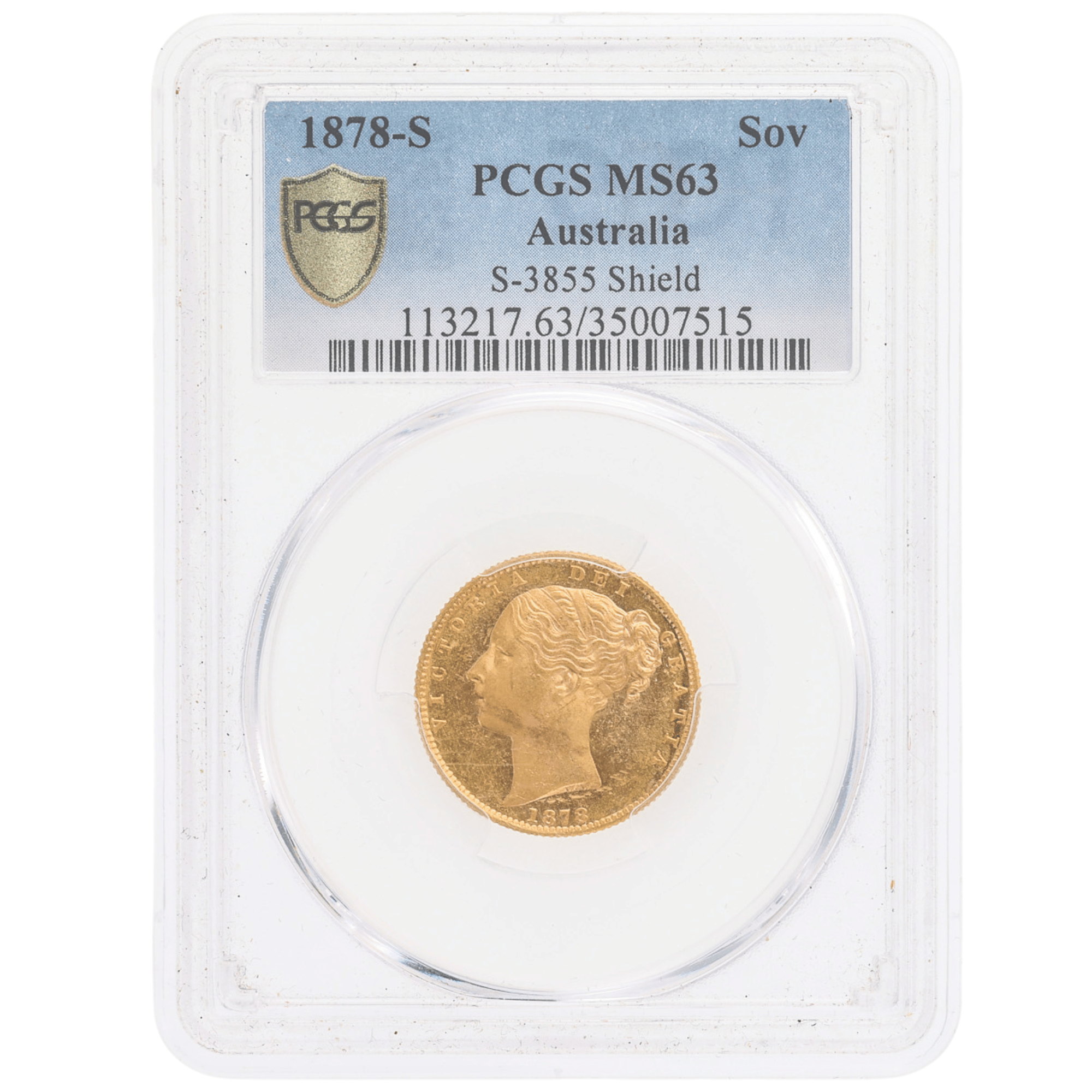 1878S Young Head Shield Sovereign PCGS MS63