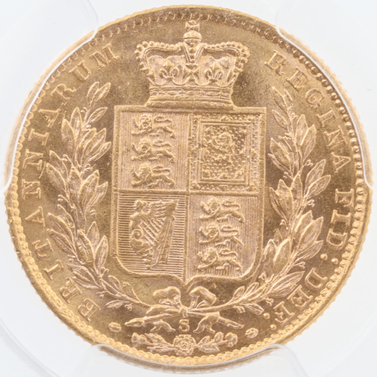 1878S Young Head Shield Sovereign PCGS MS63